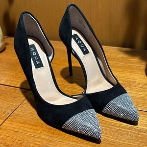 New Aqua Lexi pointed toe rhinestone tip black suede D’Orsay heels 8.5